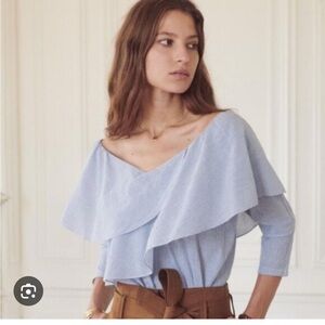 Sezane Frenchie Blue Asymmetrical Ruffled 3/4 Sleeve Blouse